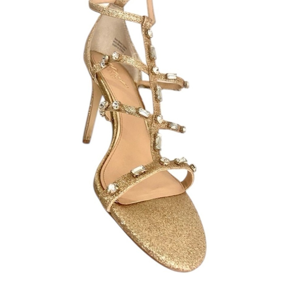 Badgley Mischka Jewel Adela embellished strappy gold evening sandals si…